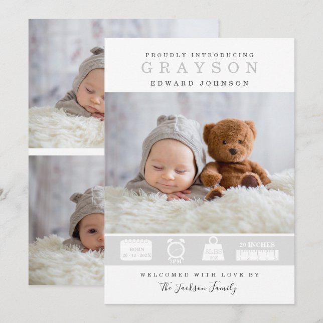 Modern Photo Birth Announcement With Stats Card (Front/Back)