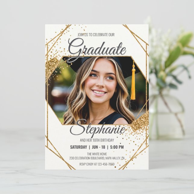 Modern Photo Birthday Graduation Sparkling Frame Invitation (Standing Front)
