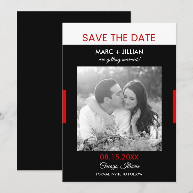 Modern Photo Black and Red Wedding Save the Date Invitation (Front/Back)