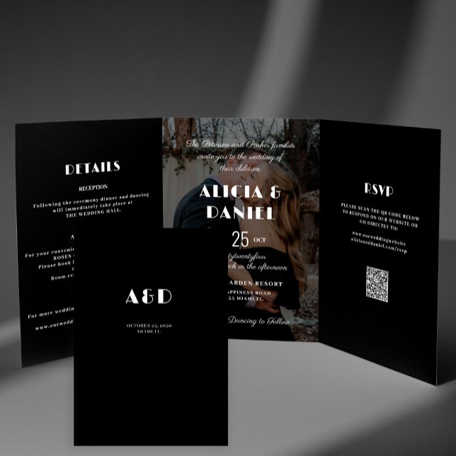 Modern photo black and white rsvp details wedding Tri-Fold invitation (Creator Uploaded)