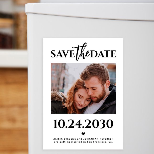 Modern photo black and white wedding save the date magnetic invitation (Creator Uploaded)