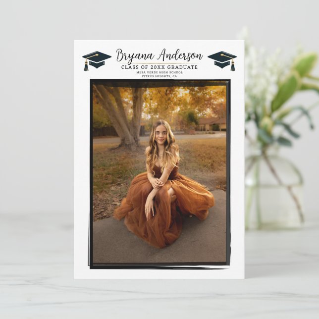 Modern Photo Black Frame Trendy Graduation Party  Invitation (Standing Front)