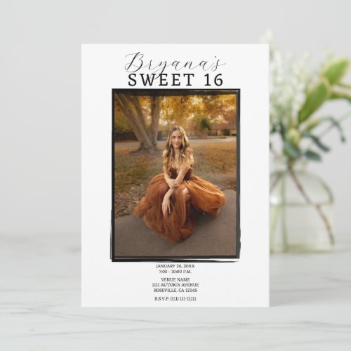 Modern Photo Black Frame Trendy Minimal Sweet 16 Invitation