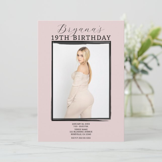 Modern Photo Black Frame Trendy Pink Birthday  Invitation (Standing Front)