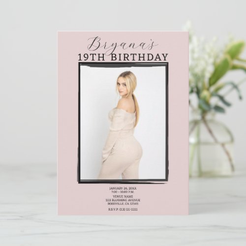 Modern Photo Black Frame Trendy Pink Birthday  Invitation