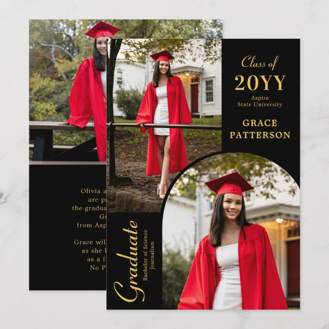 Modern Photo Black Gold Graduation Announcement (Front/Back)