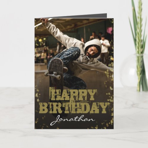 Modern Photo Black  Gold Happy Birthday Card