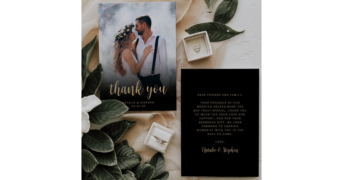 Modern Photo Black Gold Script Simple Wedding Thank You Card | Zazzle