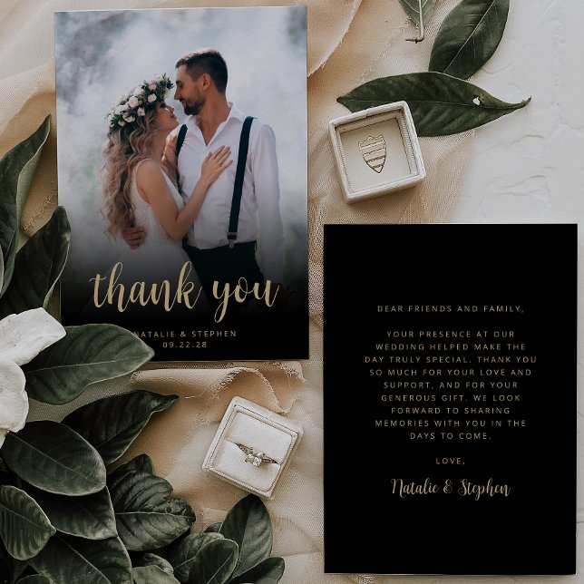 Modern Photo Black Gold Script Simple Wedding Thank You Card (Creator Uploaded)