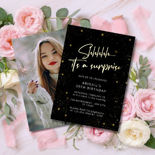 Modern Photo Black & Gold Surprise Birthday Party Foil Invitation