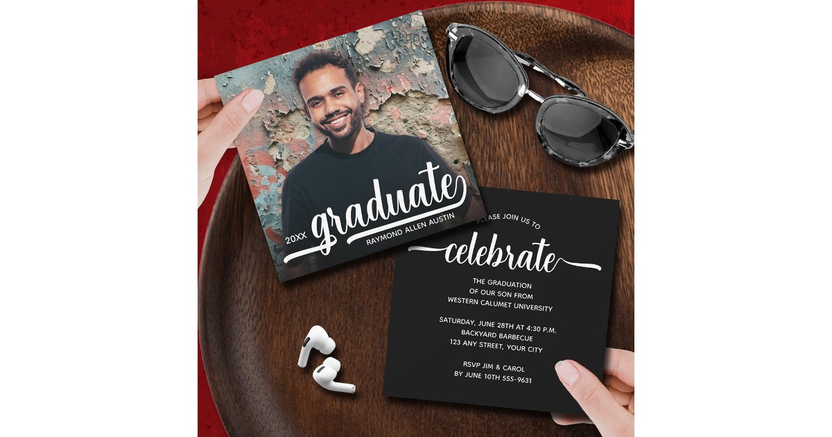 Modern Photo Black Graduation Invitation | Zazzle