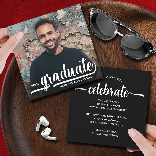 Modern Photo Black Graduation Invitation (Modern photo black square graduation party invitations 5.25" x 5.25")