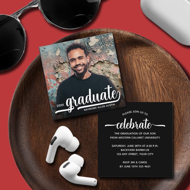 Modern Photo Black Graduation Party Enclosure Card (SMALL 2.5" SQUARE graduation invitations are perfect to enclose with our announcements or hand out.)