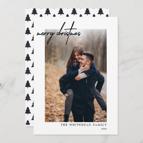 Modern Photo Black Merry Christmas White Holiday Card