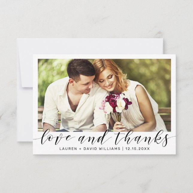 Modern Photo Black Script White Wedding Thank You Card (Front)