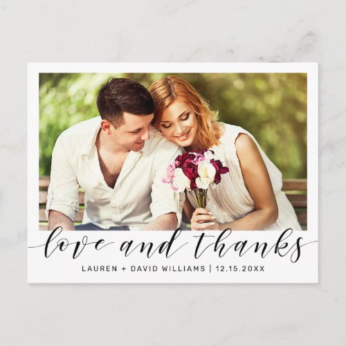 Modern Photo Black Script White Wedding Thank You Postcard