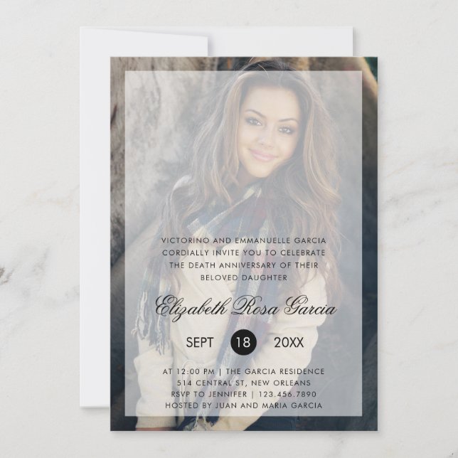 Modern Photo Black Text Overlay Death Anniversary Invitation (Front)