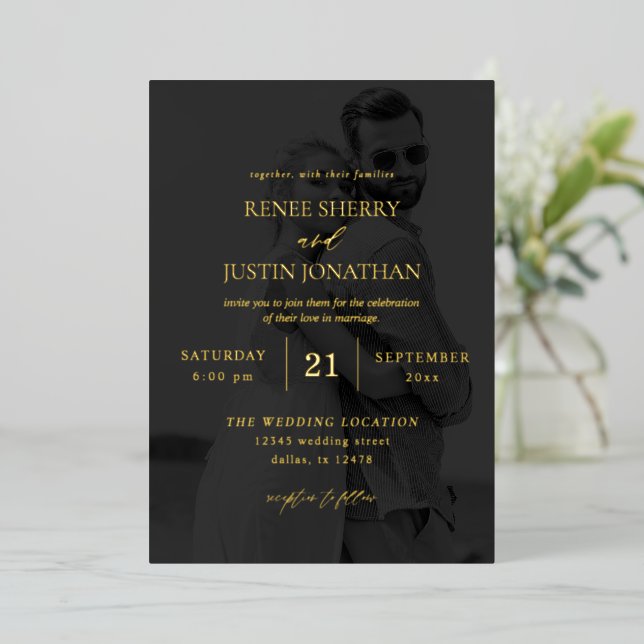 Modern Photo Black & White 5 Vertical Wedding Dark Foil Invitation (Standing Front)