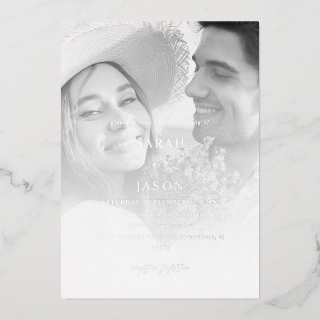 Modern Photo Black & White 7 Vertical Wedding  Foil Invitation (Front)