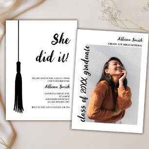 Modern Photo Black & White Grad Tassel Graduation Invitation