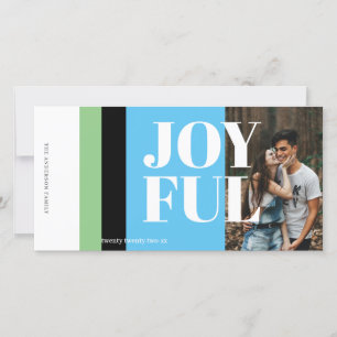 Modern Photo Black White Red Gold Joyful Holiday Card