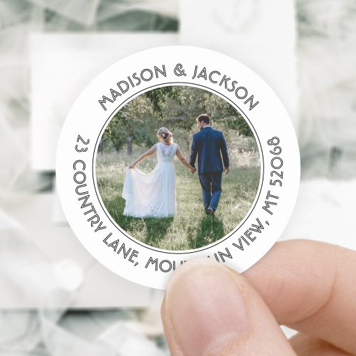 Modern Photo Black  White Return Address Wedding Classic Round Sticker