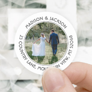 Modern Photo Black & White Return Address Wedding Classic Round Sticker