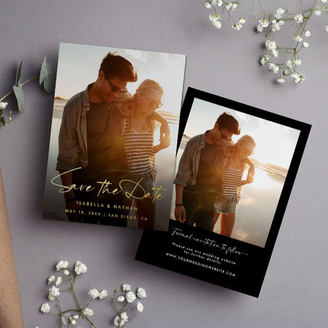 Modern Photo Black White Save the Date Gold Foil Invitation (Creator Uploaded)