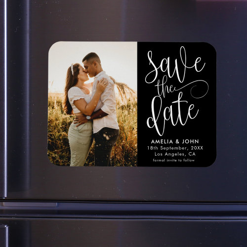 Modern Photo Black  White Save the Date Wedding Magnet