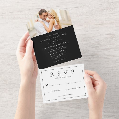 Modern Photo Black White Wedding RSVP  All In One Invitation