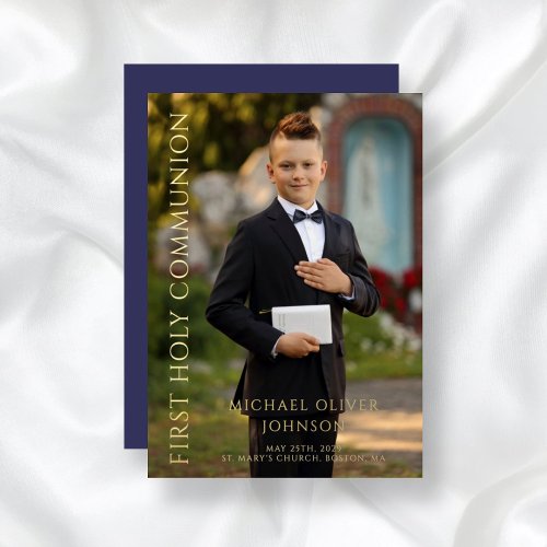 Modern Photo Blue Boy First Holy Communion Gold Foil Invitation