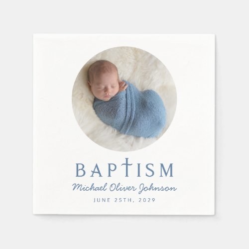 Modern Photo Blue Cross Boy Baptism Napkins