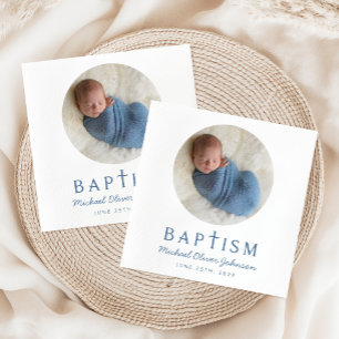 Modern Photo Blue Cross Boy Baptism Napkins