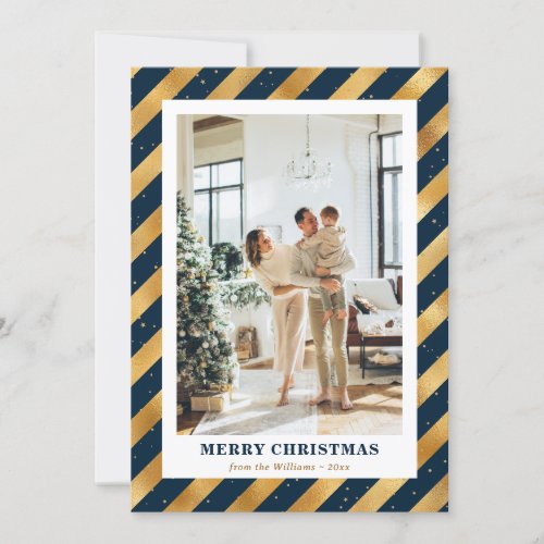 Modern Photo Blue Gold Merry Christmas Card