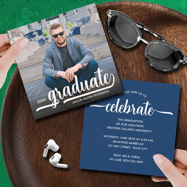 Modern Photo Blue Graduation Invitation (Modern photo blue square graduation party invitations 5.25" x 5.25")