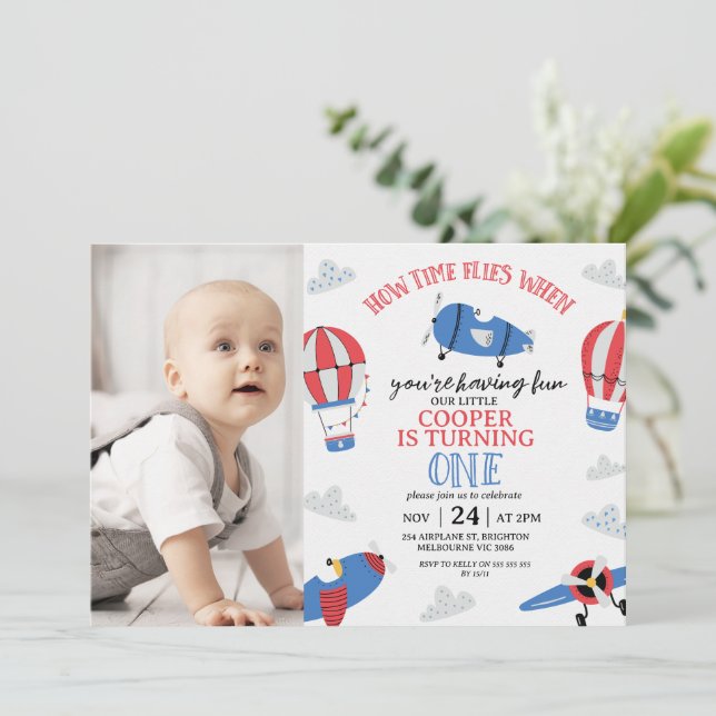 Modern Photo Blue How Time Flies 1st Birthday Invitation (Standing Front)