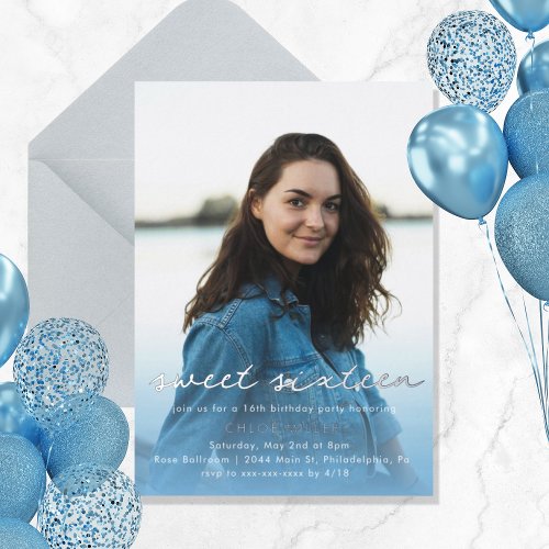 Modern Photo Blue Watercolor Sweet 16  Foil Invitation