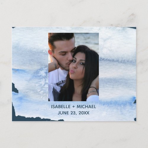 Modern Photo Blue Watercolor Wash Save the Date Announcement Postcard