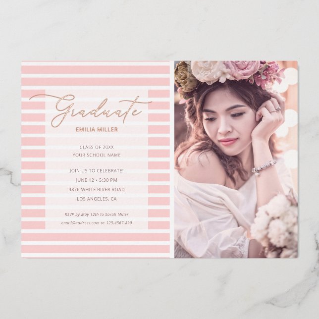 Modern Photo Blush Pink Stripes Graduation Foil Invitation (Front)