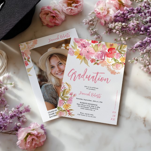 Modern photo Boho Pink Lavender floral graduation Invitation (Modern photo Boho Pink Lavender floral graduation Invitation)