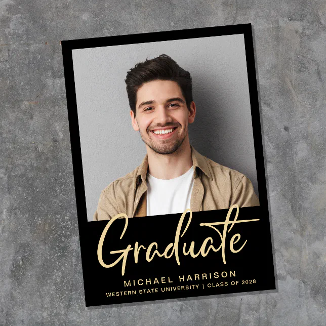 Modern Photo Bold Script Black Graduation Announcement | Zazzle