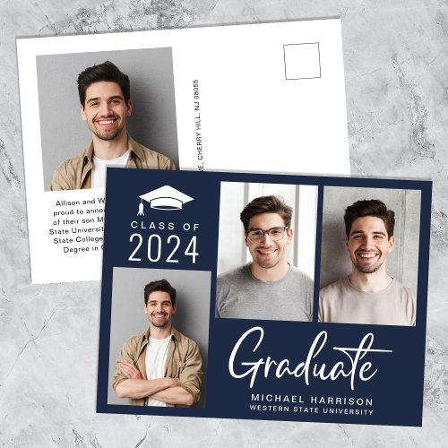 Modern Photo Bold Script Blue Graduation Announcement Postcard