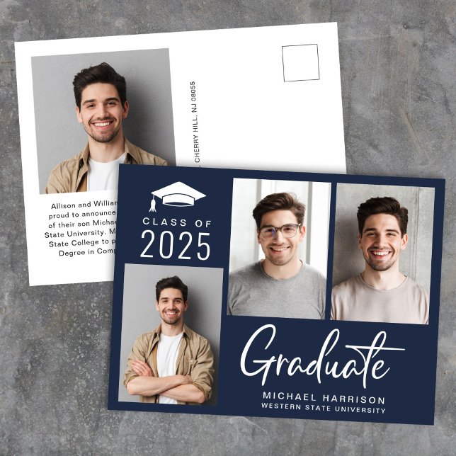 Modern Photo Bold Script Blue Graduation Announcement Postcard (Creator Uploaded)