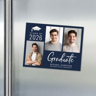 Modern Photo Bold Script Blue Graduation Magnetic Invitation