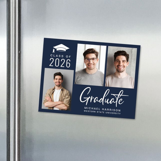 Modern Photo Bold Script Blue Graduation Magnetic Invitation (Modern Photo Bold Script Blue Graduation Magnetic Announcement)