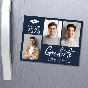 Modern Photo Bold Script Blue Graduation Magnetic Invitation