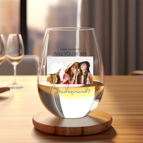 Modern Photo Bridesmaid Proposal Stemless Wine Glass