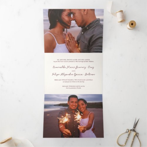 Modern Photo Brown and Ivory Elegant Wedding Tri_Fold Invitation