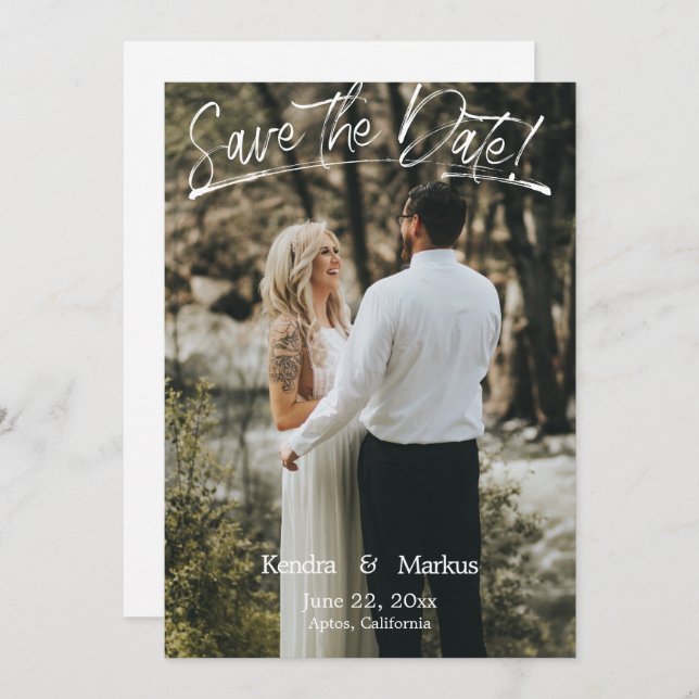 Modern Photo Brush Handwritten Save the Date Invitation (Front/Back)
