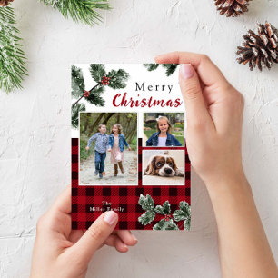 Modern photo buffalo plaid Christmas card